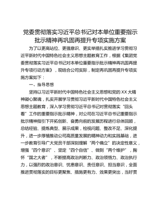 党委贯彻落实习近平总书记对本单位重要指示批示精神再巩固再提升专项实施方案