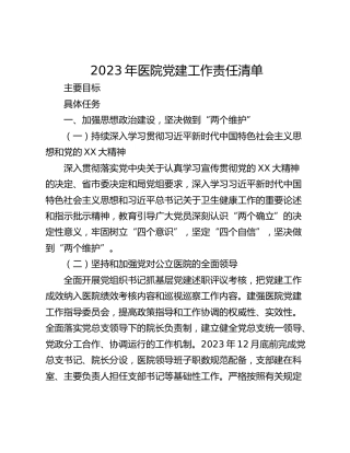 2023年医院党建工作责任清单