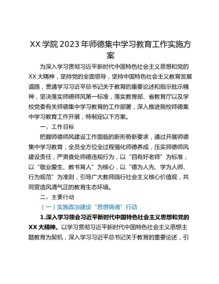 XX学院2023年师德集中学习教育工作实施方案