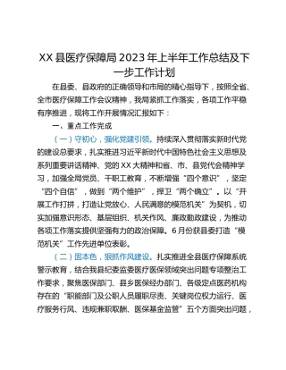 XX县医疗保障局2023年上半年工作总结及下一步工作计划