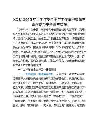 XX局2023年上半年安全生产工作情况暨第三季度防范安全事故措施