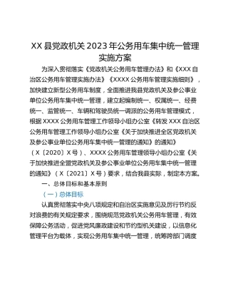 XX县党政机关2023年公务用车集中统一管理实施方案