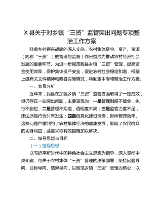X县关于对乡镇“三资”监管突出问题专项整治工作方案