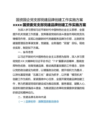 国资国企党支部党建品牌创建工作实施方案