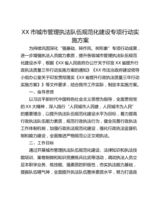 XX市城市管理执法队伍规范化建设专项行动实施方案