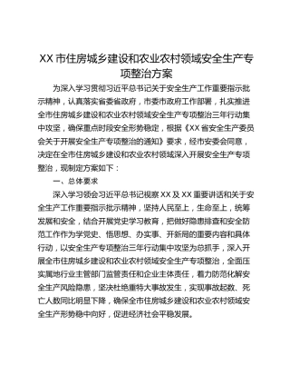 XX市住房城乡建设和农业农村领域安全生产专项整治方案