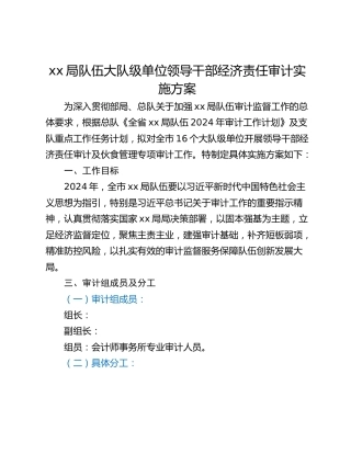 xx局队伍大队级单位领导干部经济责任审计实施方案