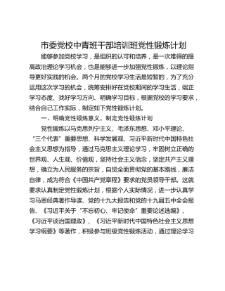 市委党校中青班干部培训班党性锻炼计划