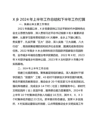 X乡2024年上半年工作总结和下半年工作打算