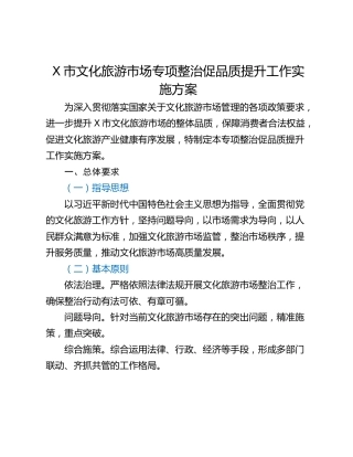 X市文化旅游市场专项整治促品质提升工作实施方案
