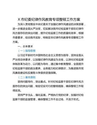 X市纪委纪律作风教育专项整顿工作方案