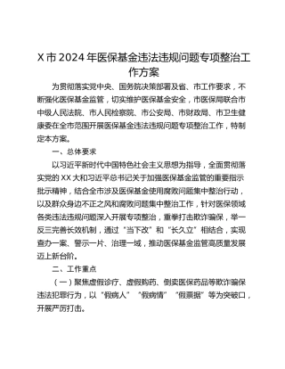 X市2024年医保基金违法违规问题专项整治工作方案