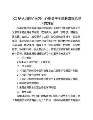 XX局党组理论学习中心组关于主题教育理论学习的方案