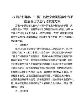 xx镇农村集体“三资”监管突出问题集中专项整治百日攻坚行动实施方案