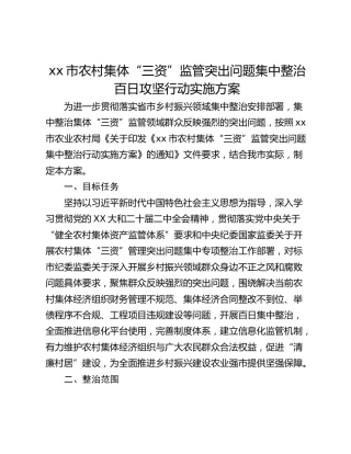 xx市农村集体“三资”监管突出问题集中整治百日攻坚行动实施方案