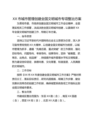 XX市城市管理创建全国文明城市专项整治方案