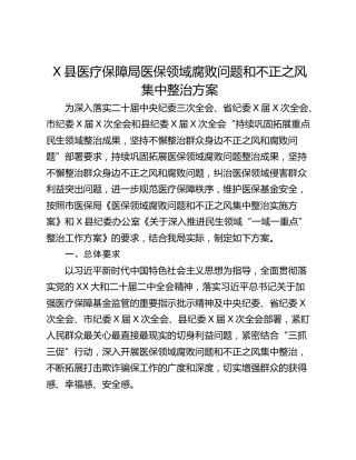 X县医疗保障局医保领域腐败问题和不正之风集中整治方案