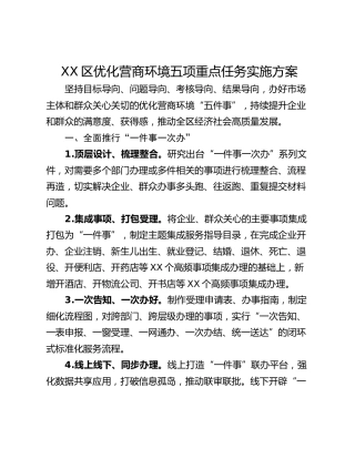 XX区优化营商环境五项重点任务实施方案
