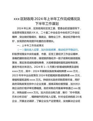 xxx区财政局2024年上半年工作完成情况及下半年工作谋划