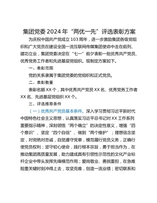 集团党委2024年“两优一先”评选表彰方案