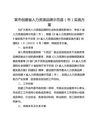 某市创建省人力资源品牌示范县（市）实施方案