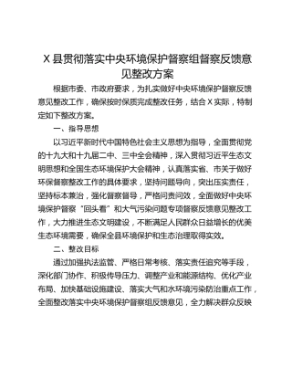 X县贯彻落实中央环境保护督察组督察反馈意见整改方案