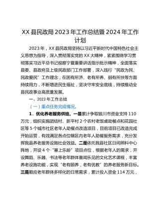 XX县民政局2023年工作总结暨2024年工作计划