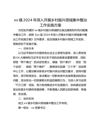 xx镇2024年深入开展乡村振兴领域集中整治工作实施方案