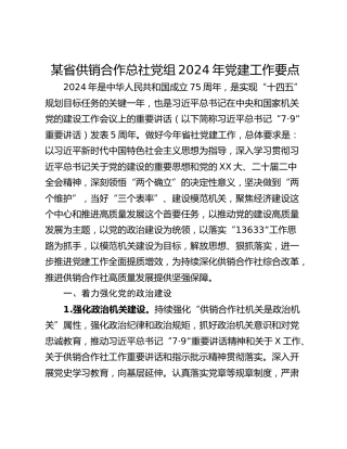 某省供销合作总社党组2024年党建工作要点