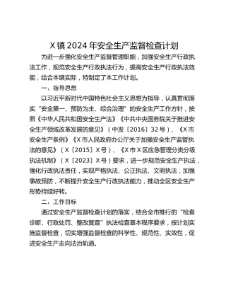 X镇2024年安全生产监督检查计划