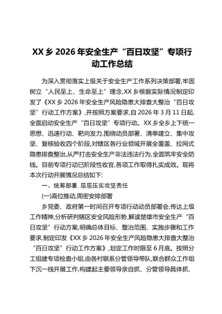 XX乡2026年安全生产“百日攻坚”专项行动工作总结
