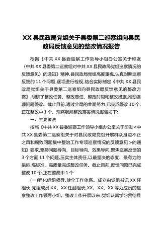 XX县民政局党组关于县委第二巡察组向县民政局反馈意见的整改情况报告