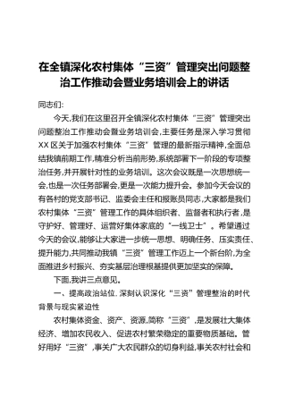 在全镇深化农村集体“三资”管理突出问题整治工作推动会暨业务培训会上的讲话