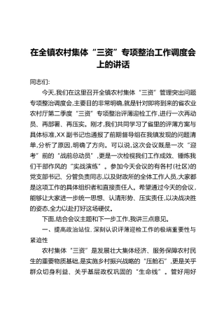 在全镇农村集体“三资”专项整治工作调度会上的讲话