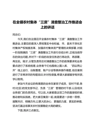 在全镇农村集体“三资”清查整治工作推进会上的讲话