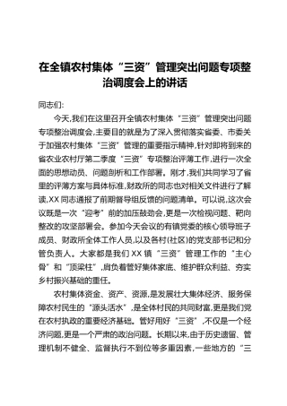 在全镇农村集体“三资”管理突出问题专项整治调度会上的讲话