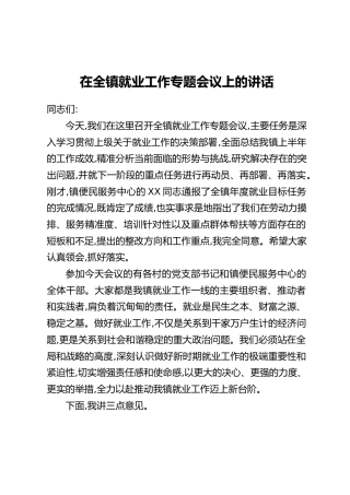 在全镇就业工作专题会议上的讲话