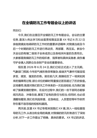 在全镇防汛工作专题会议上的讲话