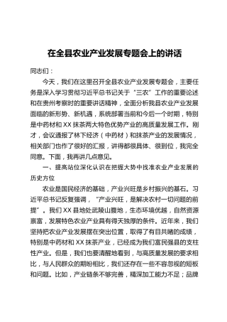 在全县农业产业发展专题会上的讲话