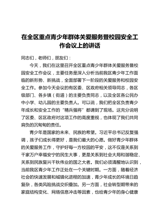 在全区重点青少年群体关爱服务暨校园安全工作会议上的讲话