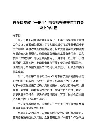 在全区党政“一把手”带头抓整改整治工作会议上的讲话