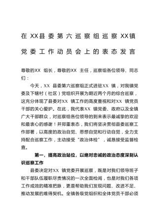 在XX县委第六巡察组巡察XX镇党委工作动员会上的表态发言
