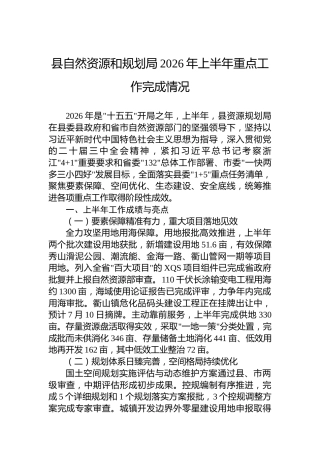 县自然资源和规划局2026年上半年重点工作完成情况