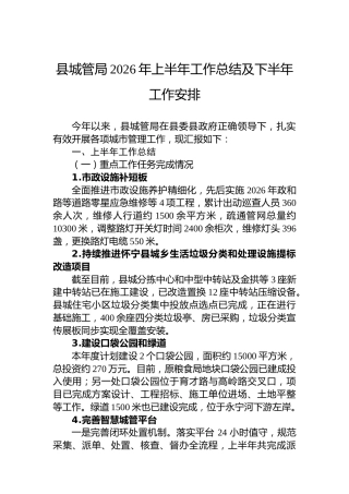 县城管局2026年上半年工作总结及下半年工作安排