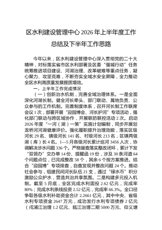 区水利建设管理中心2026年上半年度工作总结及下半年工作思路