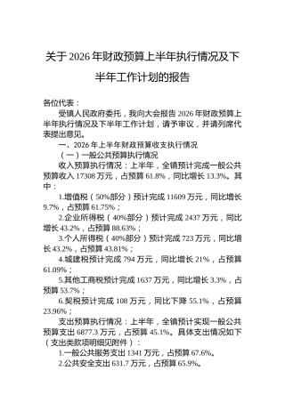 关于2026年财政预算上半年执行情况及下半年工作计划的报告