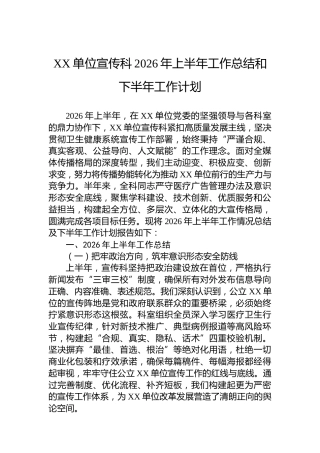 XX单位宣传科2026年上半年工作总结和下半年工作计划