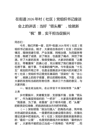 在街道2026年村（社区）党组织书记座谈会上的讲话：当好“领头雁”，绘就新“枫”景，实干担当促振兴