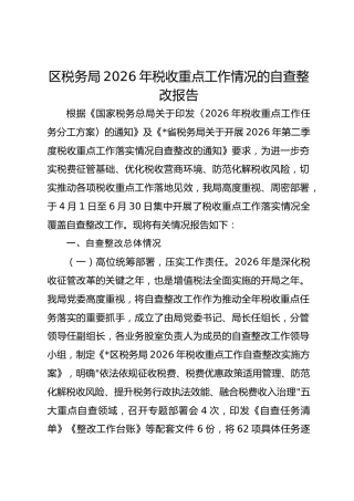 区税务局2026年税收重点工作情况的自查整改报告