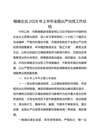 粮储企业2026年上半年全面从严治党工作总结